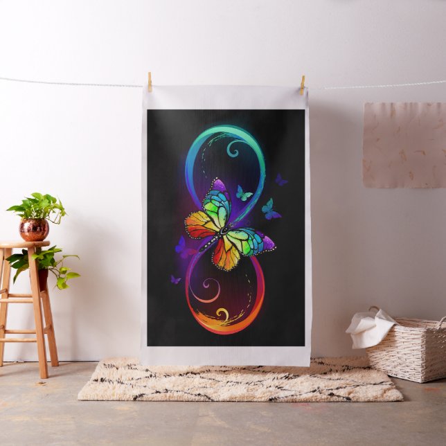 Vibrant infinity with rainbow butterfly on black fabric (In Situ)