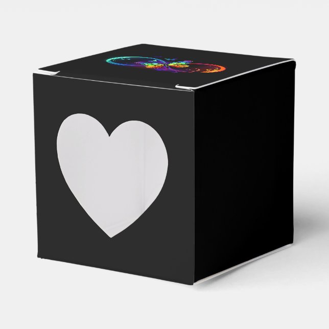 Vibrant infinity with rainbow butterfly on black favour box (Front Side)