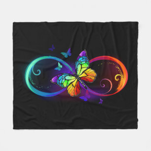 Vibrant infinity with rainbow butterfly on black fleece blanket