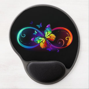 Vibrant infinity with rainbow butterfly on black gel mouse pad