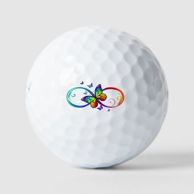 Vibrant infinity with rainbow butterfly on black golf balls (Front)