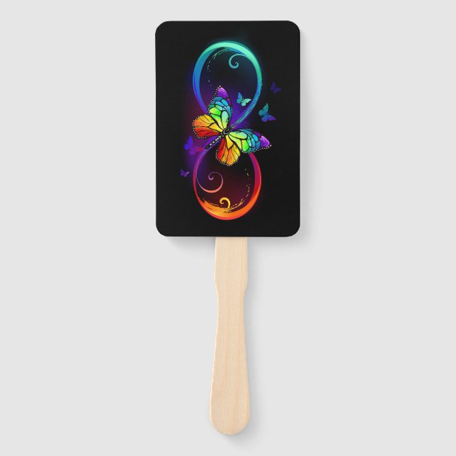 Vibrant infinity with rainbow butterfly on black hand fan (Front)