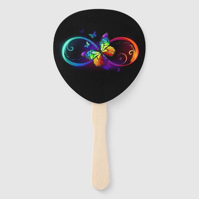Vibrant infinity with rainbow butterfly on black hand fan (Front)
