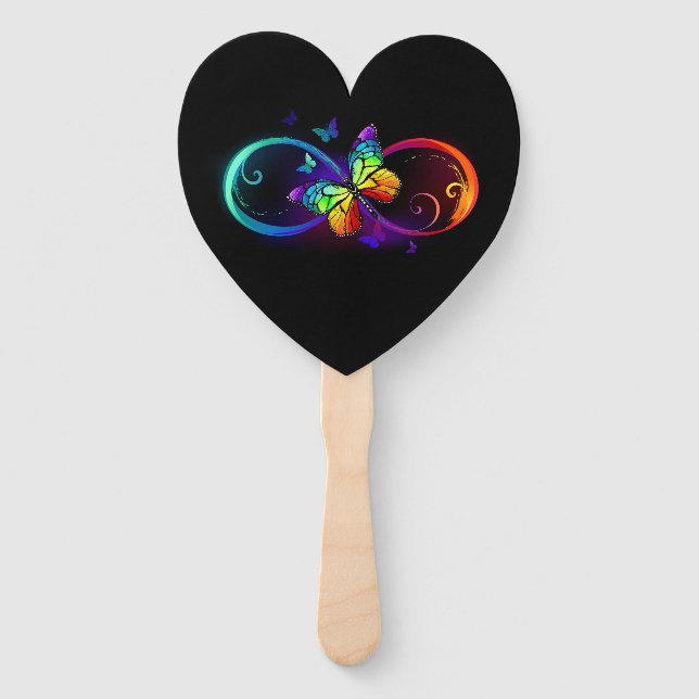 Vibrant infinity with rainbow butterfly on black hand fan (Front)
