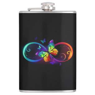 Vibrant infinity with rainbow butterfly on black hip flask