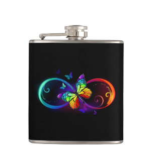 Vibrant infinity with rainbow butterfly on black hip flask