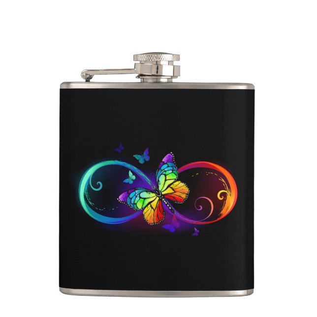Vibrant infinity with rainbow butterfly on black hip flask (Front)