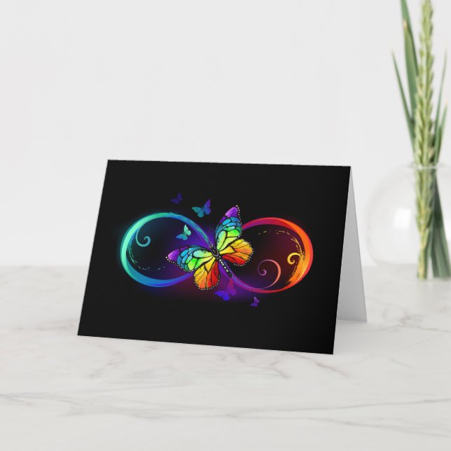 Vibrant infinity with rainbow butterfly on black holiday card (Front)
