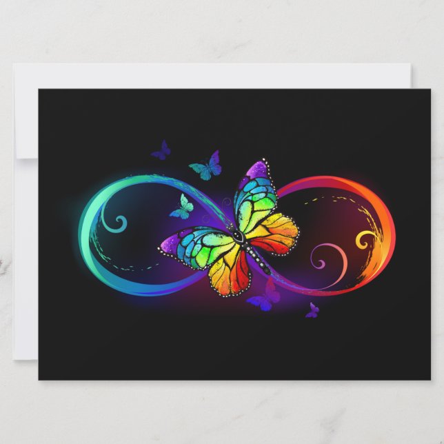 Vibrant infinity with rainbow butterfly on black  holiday card (Front)