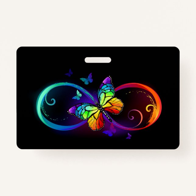 Vibrant infinity with rainbow butterfly on black ID badge (Front)