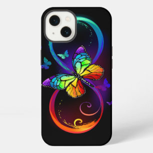 Vibrant infinity with rainbow butterfly on black iPhone 13 case