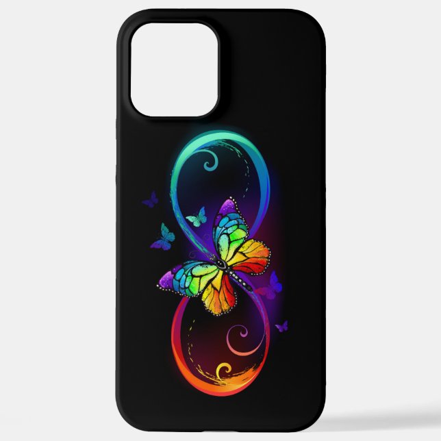 Vibrant infinity with rainbow butterfly on black iPhone case (Back)