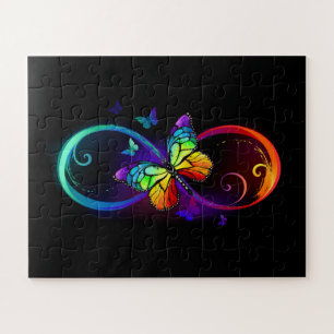 Vibrant infinity with rainbow butterfly on black jigsaw puzzle