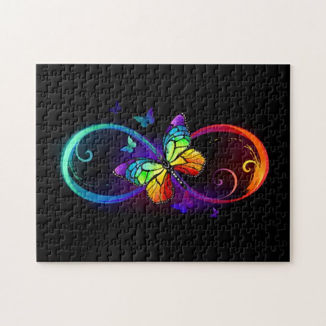 Vibrant infinity with rainbow butterfly on black jigsaw puzzle (Horizontal)