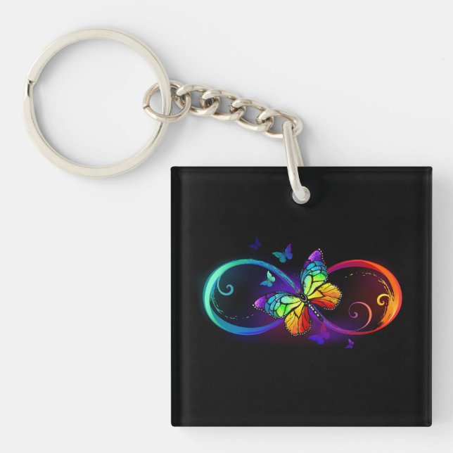 Vibrant infinity with rainbow butterfly on black  key ring (Front)