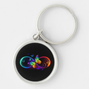 Vibrant infinity with rainbow butterfly on black key ring