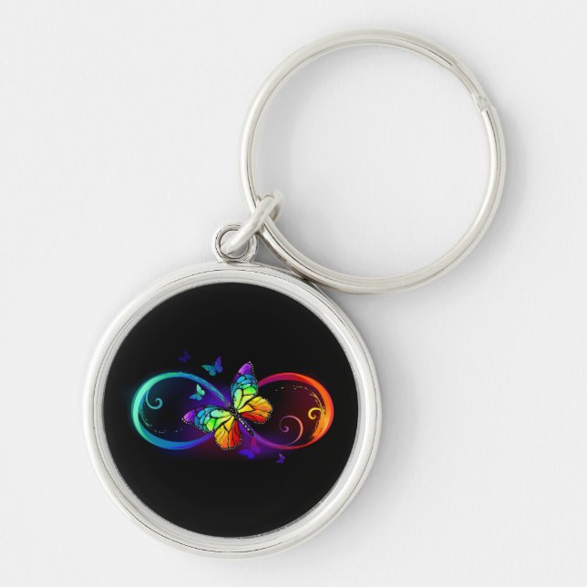 Vibrant infinity with rainbow butterfly on black key ring (Front)