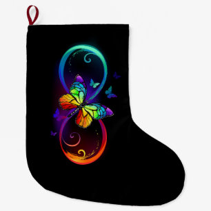 Vibrant infinity with rainbow butterfly on black large christmas stocking