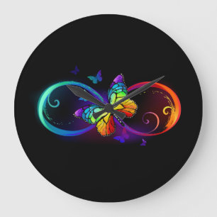 Vibrant infinity with rainbow butterfly on black large clock