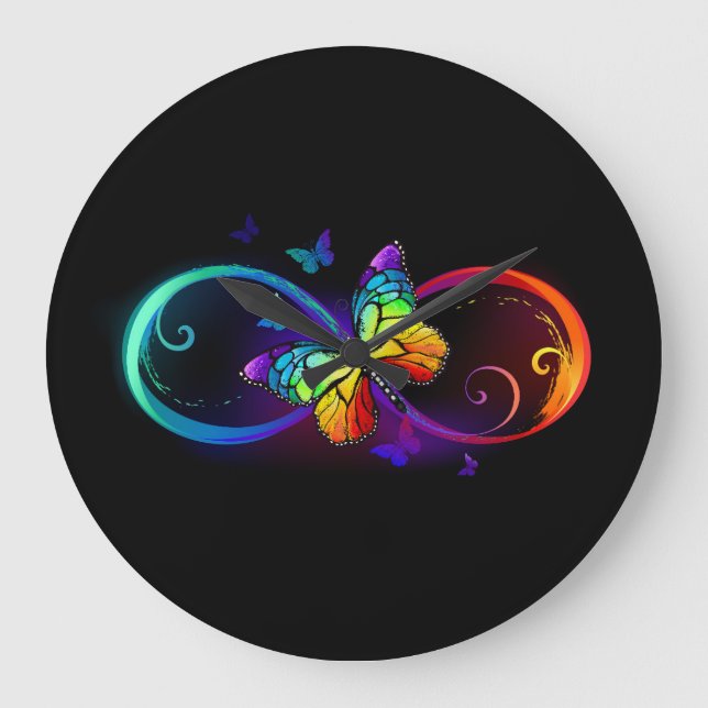 Vibrant infinity with rainbow butterfly on black large clock (Front)