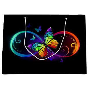 Vibrant infinity with rainbow butterfly on black large gift bag