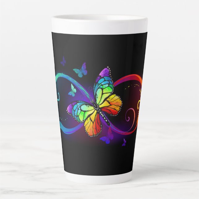 Vibrant infinity with rainbow butterfly on black latte mug (Front)