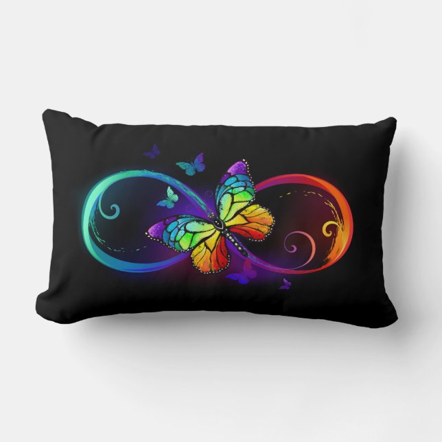 Vibrant infinity with rainbow butterfly on black  lumbar cushion (Front)
