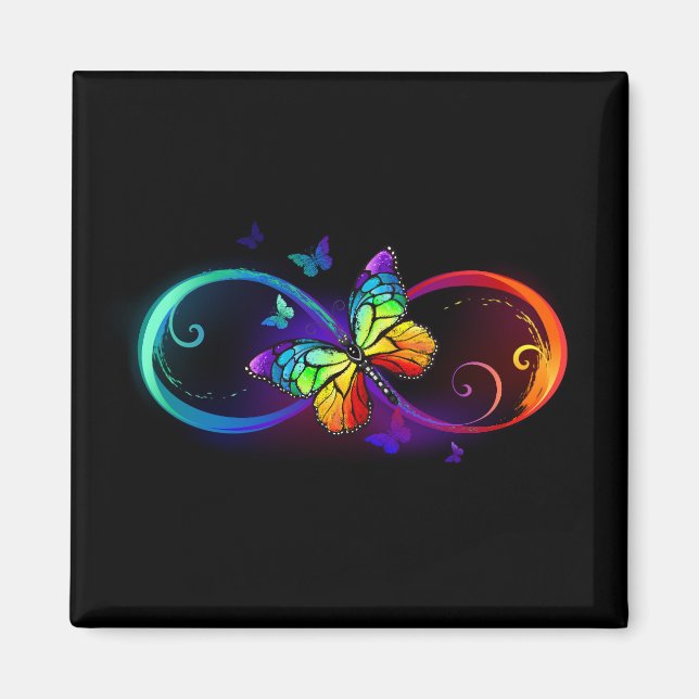 Vibrant infinity with rainbow butterfly on black magnet (Front)
