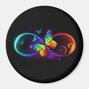 Vibrant infinity with rainbow butterfly on black  magnet
