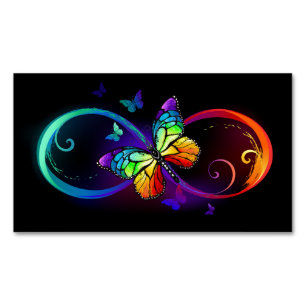 Vibrant infinity with rainbow butterfly on black  	Magnetic business card