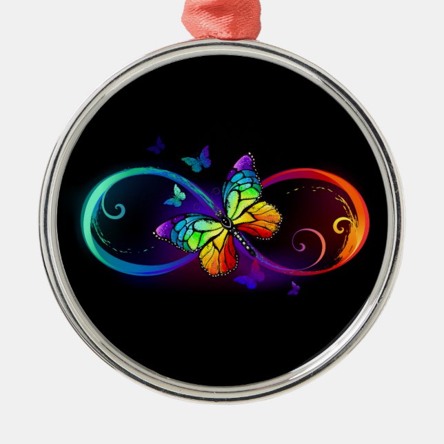 Vibrant infinity with rainbow butterfly on black metal ornament (Front)