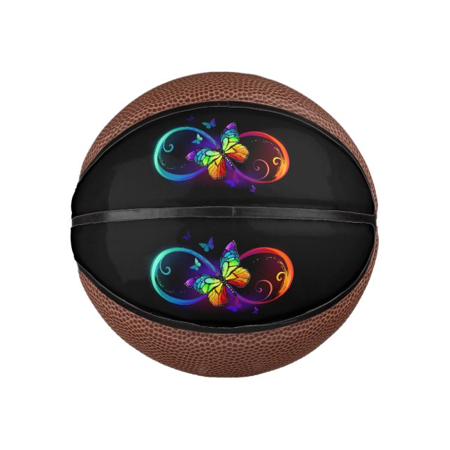 Vibrant infinity with rainbow butterfly on black mini basketball (Front)