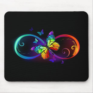 Vibrant infinity with rainbow butterfly on black mouse pad