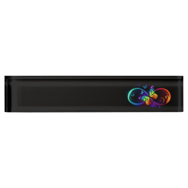 Vibrant infinity with rainbow butterfly on black nameplate (Front)