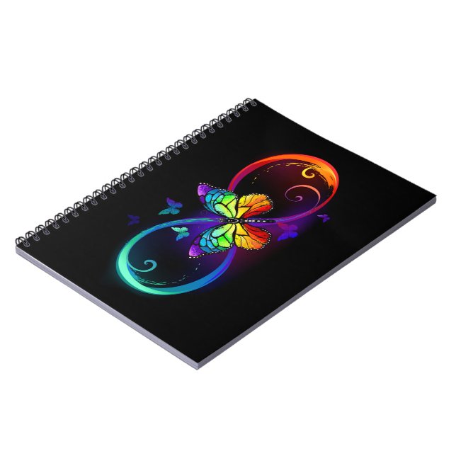 Vibrant infinity with rainbow butterfly on black notebook (Left Side)
