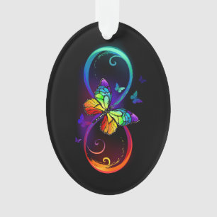 Vibrant infinity with rainbow butterfly on black ornament