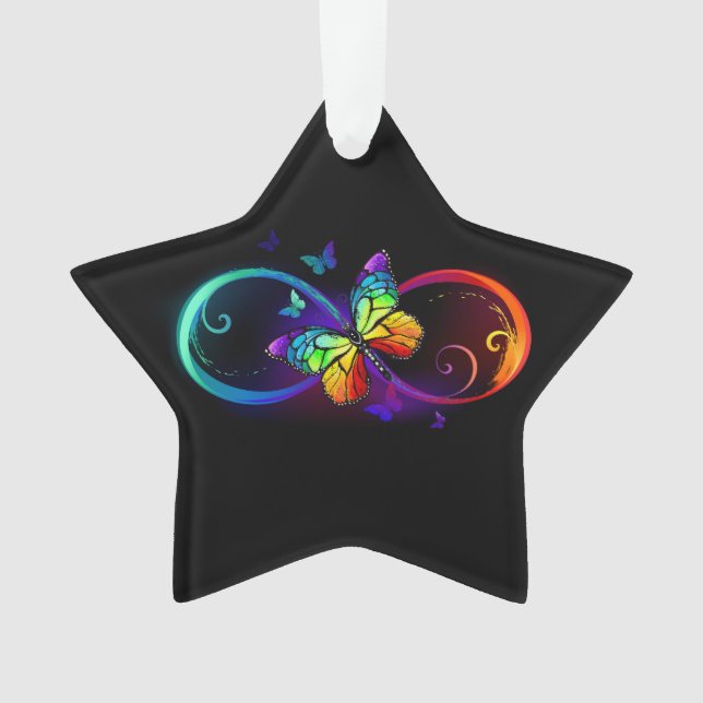 Vibrant infinity with rainbow butterfly on black  ornament (Front)