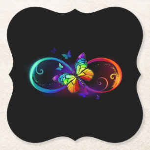 Vibrant infinity with rainbow butterfly on black paper coaster