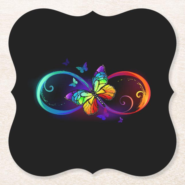 Vibrant infinity with rainbow butterfly on black paper coaster (Front)