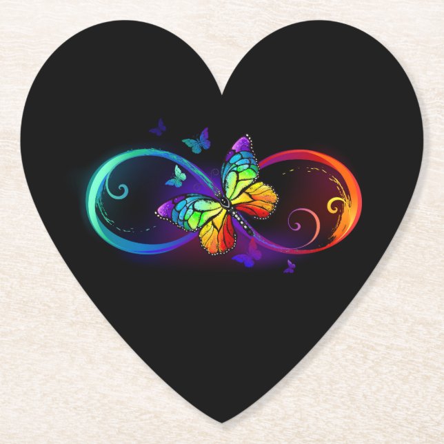 Vibrant infinity with rainbow butterfly on black paper coaster (Front)