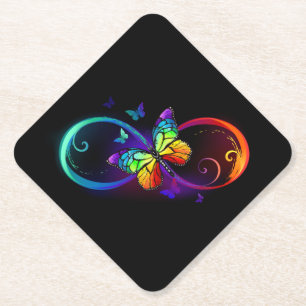 Vibrant infinity with rainbow butterfly on black paper coaster