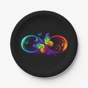 Vibrant infinity with rainbow butterfly on black paper plate