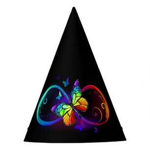 Vibrant infinity with rainbow butterfly on black party hat