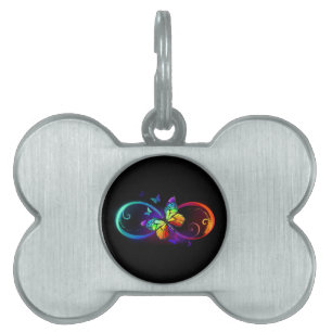 Vibrant infinity with rainbow butterfly on black pet ID tag