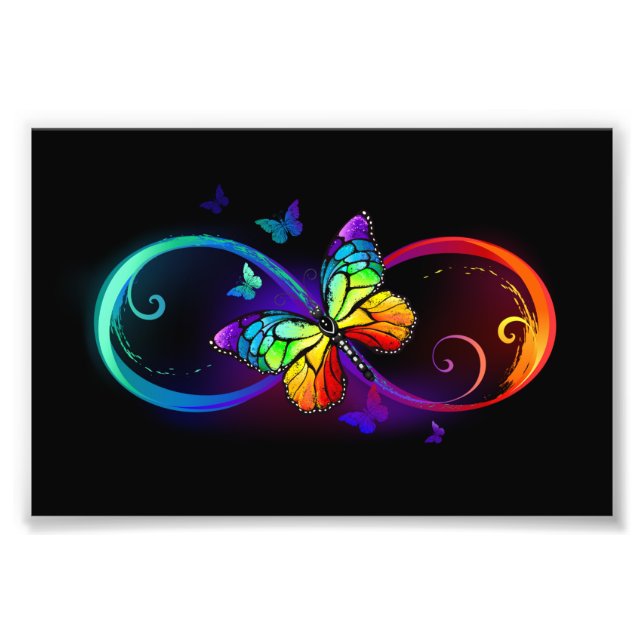 Vibrant infinity with rainbow butterfly on black photo print (Front)