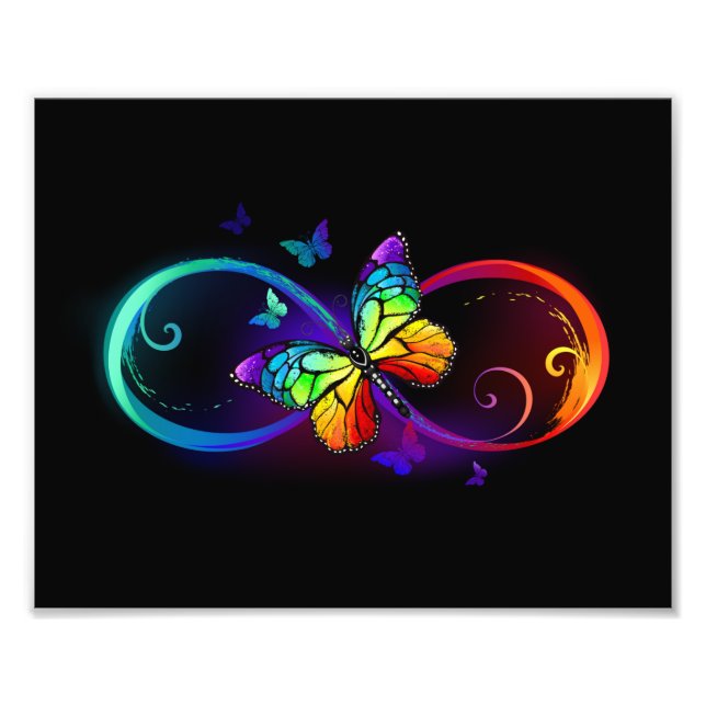 Vibrant infinity with rainbow butterfly on black photo print (Front)