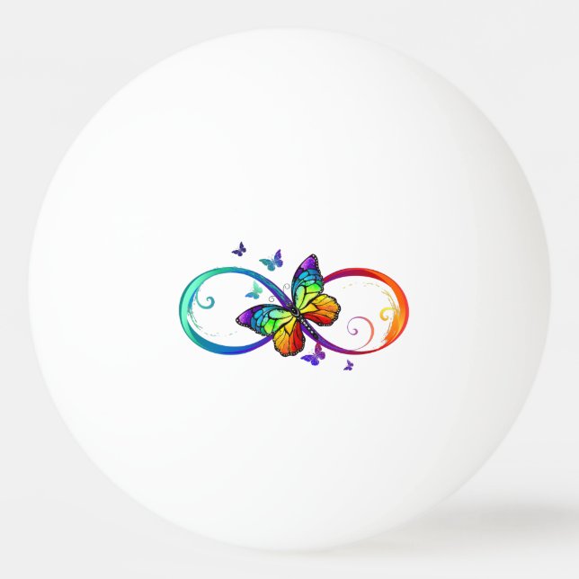 Vibrant infinity with rainbow butterfly on black ping pong ball (Front)