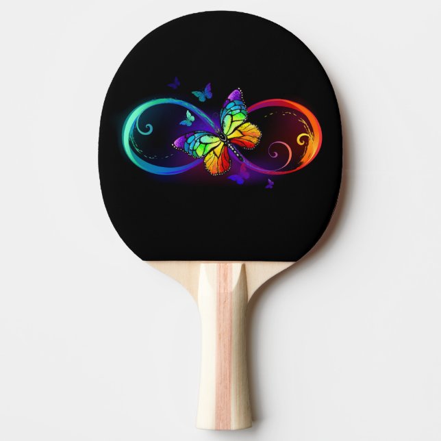 Vibrant infinity with rainbow butterfly on black ping pong paddle (Front)