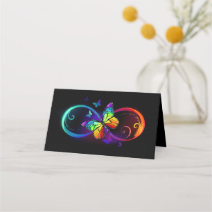 Vibrant infinity with rainbow butterfly on black  place card
