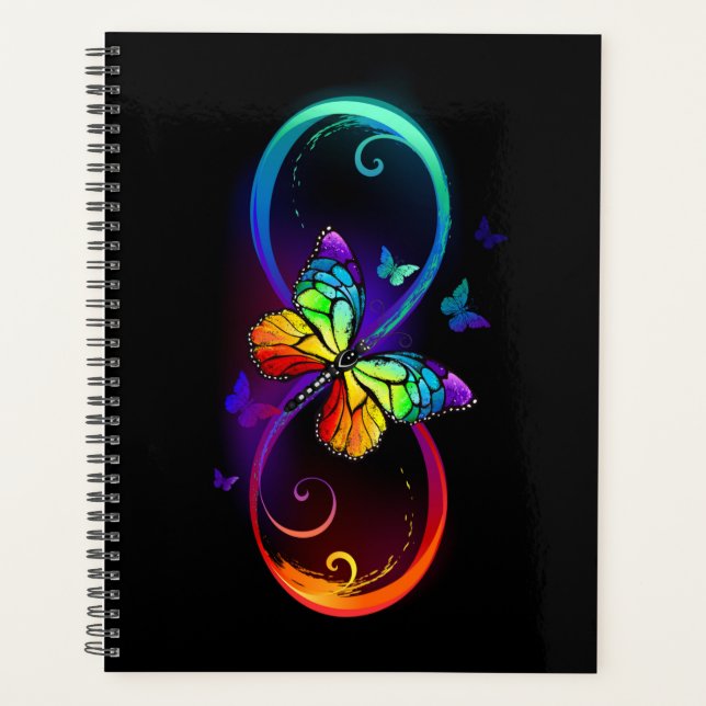 Vibrant infinity with rainbow butterfly on black planner (Front)